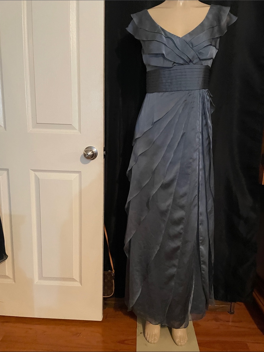 Adrianna Papell Slate Blue Ruffle V-Neck Maxi Dress